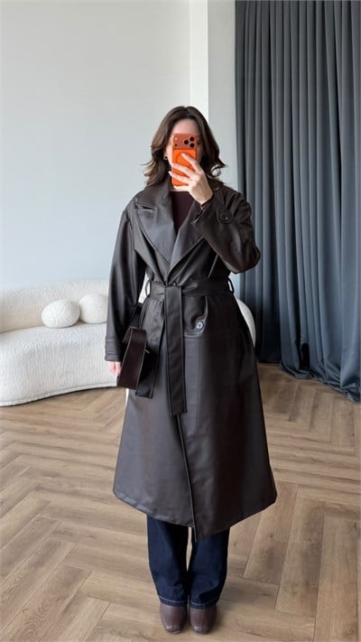 Bel Kuşaklı Uzun Oversize İç Astarlı Deri Mont Kahve 2486