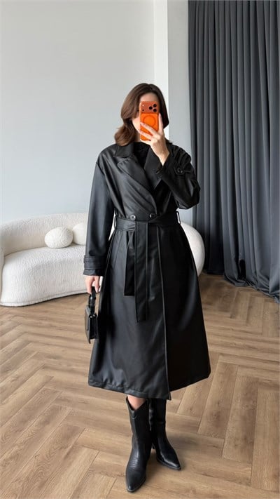 Bel Kuşaklı Uzun Oversize İç Astarlı Deri Mont Siyah 2486