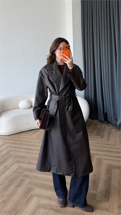 Bel Kuşaklı Uzun Oversize İç Astarlı Deri Mont Kahve 2486