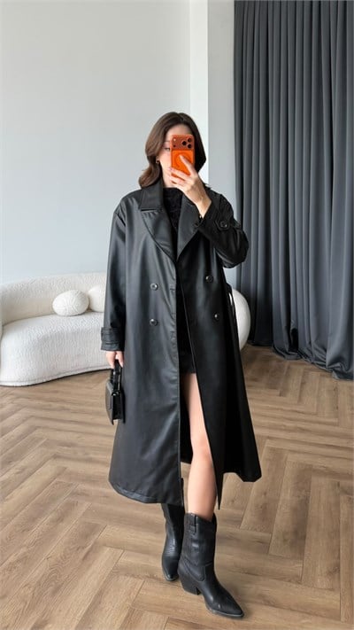 Bel Kuşaklı Uzun Oversize İç Astarlı Deri Mont Siyah 2486