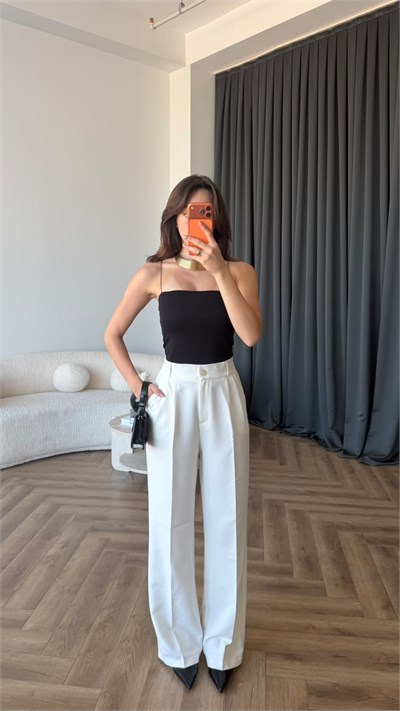 Bel Lastikli Palazzo Double Kumaş Pantolon Beyaz 2393