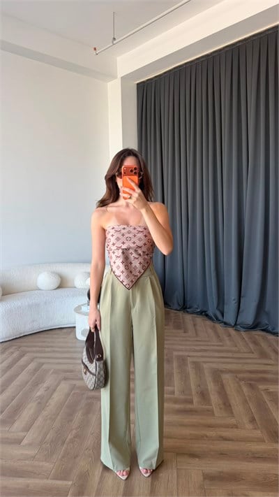Bel Lastikli Palazzo Double Kumaş Pantolon Haki 2393