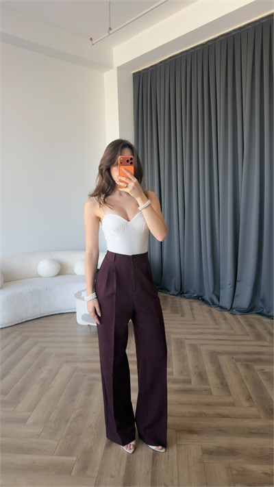 Bel Lastikli Palazzo Double Kumaş Pantolon Bordo 2393