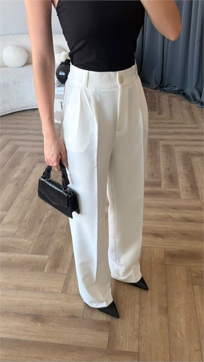 Bel Lastikli Palazzo Double Kumaş Pantolon Beyaz 2393