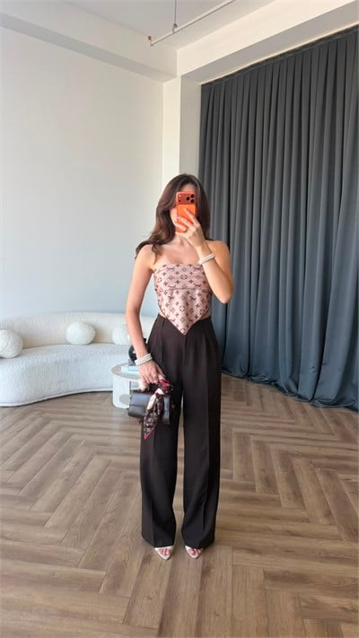Bel Lastikli Palazzo Double Kumaş Pantolon Acı Kahve 2393