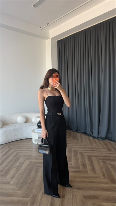Bel Lastikli Palazzo Double Kumaş Pantolon Siyah 2393