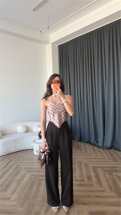 Bel Lastikli Palazzo Double Kumaş Pantolon Acı Kahve 2393