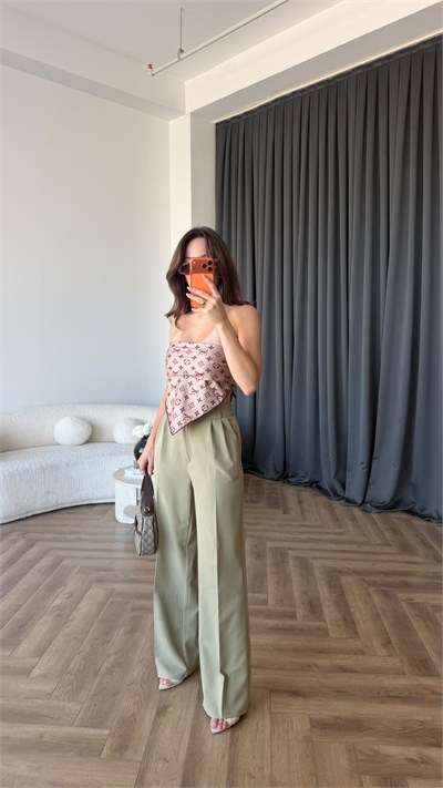 Bel Lastikli Palazzo Double Kumaş Pantolon Haki 2393