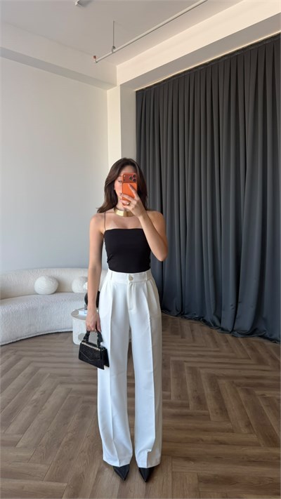 Bel Lastikli Palazzo Double Kumaş Pantolon Beyaz 2393