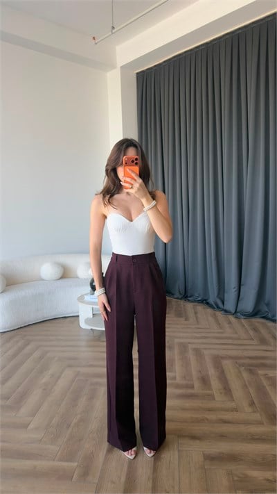 Bel Lastikli Palazzo Double Kumaş Pantolon Bordo 2393