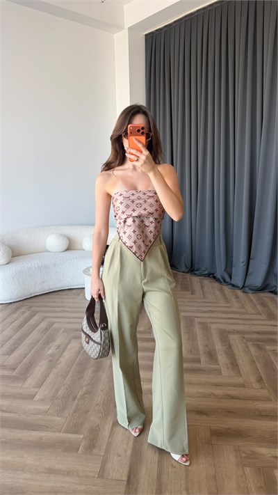 Bel Lastikli Palazzo Double Kumaş Pantolon Haki 2393