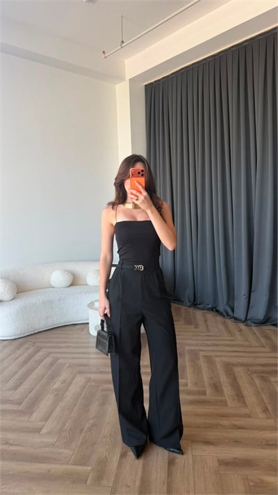 Bel Lastikli Palazzo Double Kumaş Pantolon Siyah 2393
