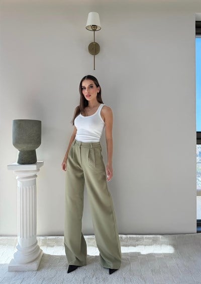 Bel Lastikli Yüksek Bel Palazzo Kumaş Pantolon Haki 2085