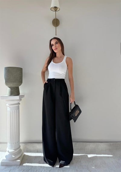 Bel Lastikli Yüksek Bel Palazzo Kumaş Pantolon Siyah 2085
