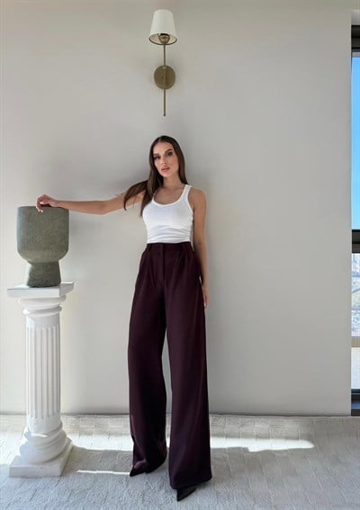 Bel Lastikli Yüksek Bel Palazzo Kumaş Pantolon Bordo 2085
