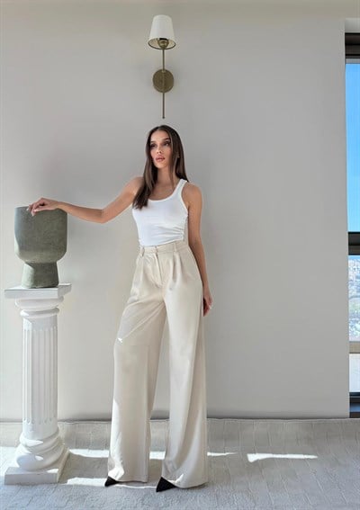 Bel Lastikli Yüksek Bel Palazzo Kumaş Pantolon Bej 2085