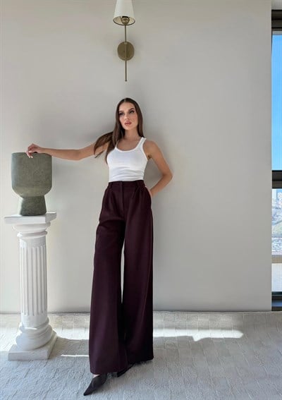 Bel Lastikli Yüksek Bel Palazzo Kumaş Pantolon Bordo 2085