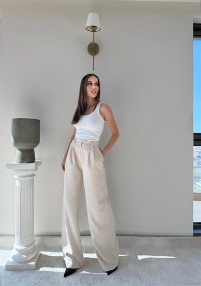 Bel Lastikli Yüksek Bel Palazzo Kumaş Pantolon Bej 2085
