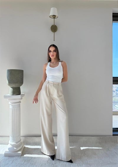 Bel Lastikli Yüksek Bel Palazzo Kumaş Pantolon Bej 2085