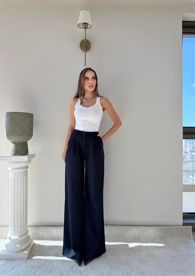 Bel Lastikli Yüksek Bel Palazzo Kumaş Pantolon Lacivert 2085
