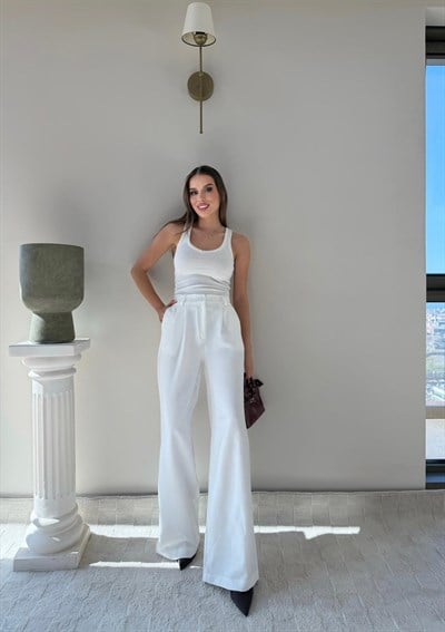 Bel Lastikli Yüksek Bel Palazzo Kumaş Pantolon Beyaz 2085