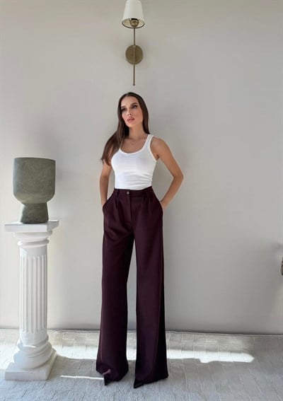 Bel Lastikli Yüksek Bel Palazzo Kumaş Pantolon Bordo 2085