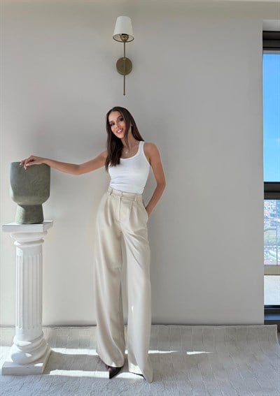 Bel Lastikli Yüksek Bel Palazzo Kumaş Pantolon Bej 2085
