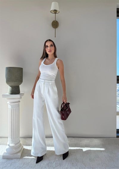 Bel Lastikli Yüksek Bel Palazzo Kumaş Pantolon Beyaz 2085