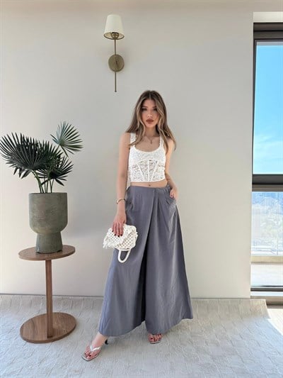 Bel Pileli İspanyol Paça Etek Görünümlü Tensel Pantolon Antrasit 2250