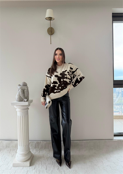 Benekli Oversize Kazak Bej Kahve 2043