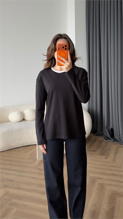 Bisiklet Yaka Garne Detay Basic Sweat Siyah 2475