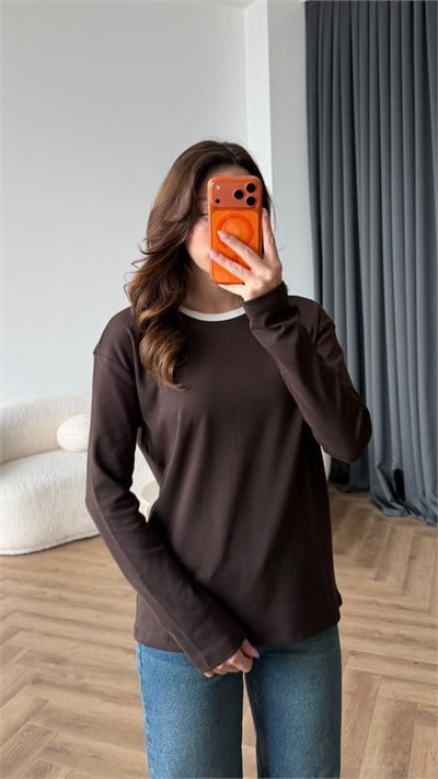 Bisiklet Yaka Garne Detay Basic Sweat Kahve 2475
