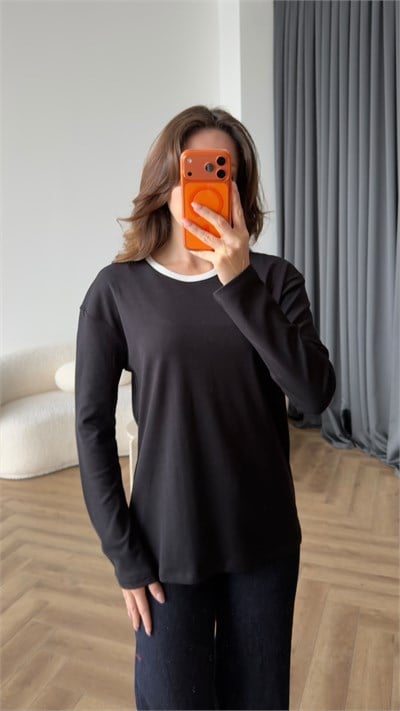 Bisiklet Yaka Garne Detay Basic Sweat Siyah 2475
