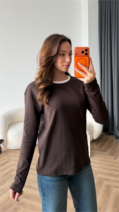 Bisiklet Yaka Garne Detay Basic Sweat Kahve 2475