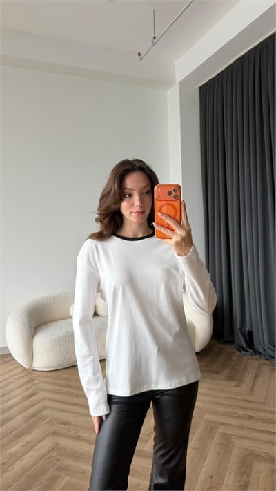 Bisiklet Yaka Garne Detay Basic Sweat Beyaz 2475