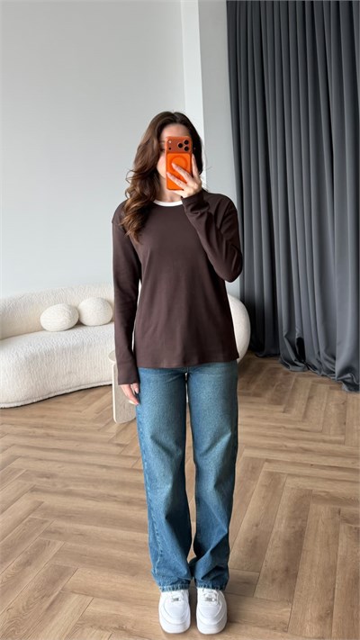 Bisiklet Yaka Garne Detay Basic Sweat Kahve 2475