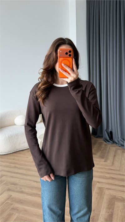 Bisiklet Yaka Garne Detay Basic Sweat Kahve 2475