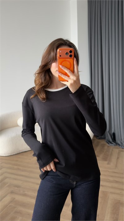 Bisiklet Yaka Garne Detay Basic Sweat Siyah 2475