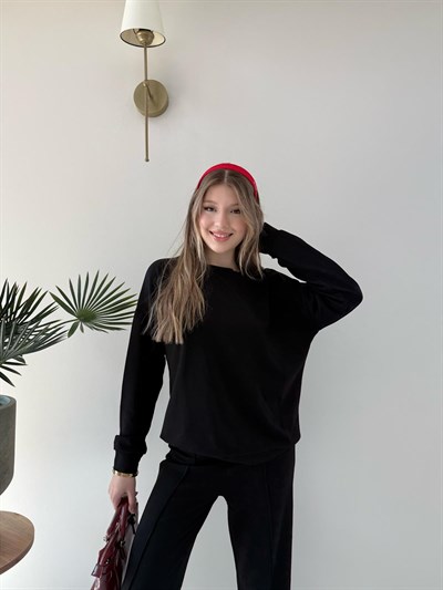 Bisiklet Yaka Oversize Sweat ve Pantolonlu Modal İkili Takım Siyah 2141