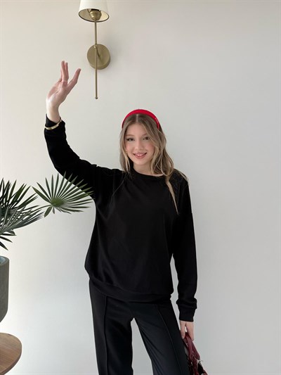 Bisiklet Yaka Oversize Sweat ve Pantolonlu Modal İkili Takım Siyah 2141