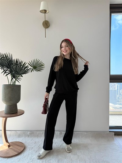 Bisiklet Yaka Oversize Sweat ve Pantolonlu Modal İkili Takım Siyah 2141
