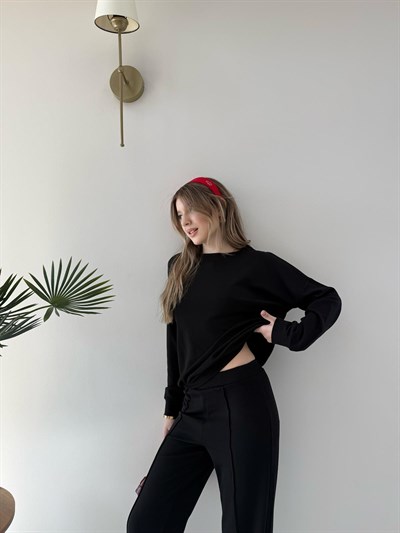 Bisiklet Yaka Oversize Sweat ve Pantolonlu Modal İkili Takım Siyah 2141