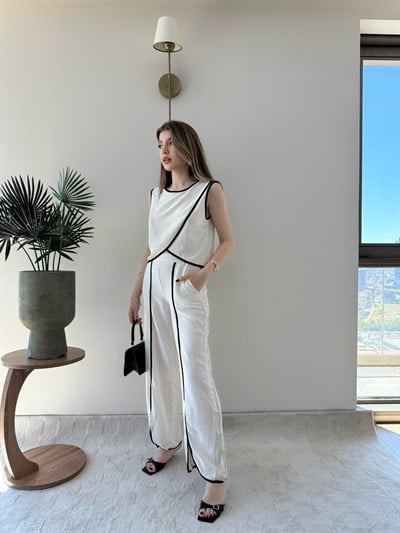 Biye Detay Asimetrik Bluz ve Pantolon Yırtmaçlı İkili Keten Takım Taş 2313