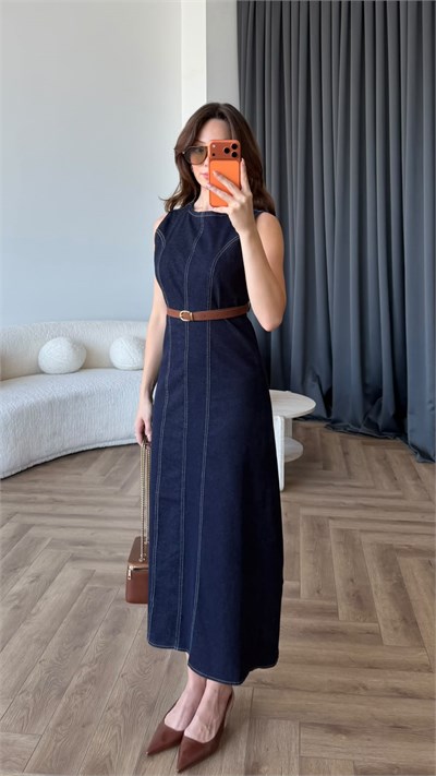 Biye Detay Kemerli Kot Elbise Lacivert 2406