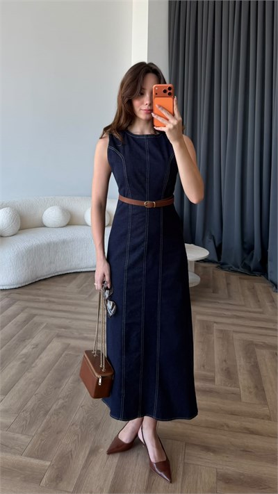 Biye Detay Kemerli Kot Elbise Lacivert 2406