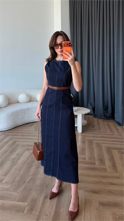 Biye Detay Kemerli Kot Elbise Lacivert 2406