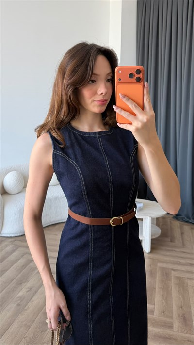 Biye Detay Kemerli Kot Elbise Lacivert 2406