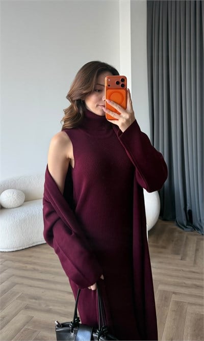 Boğazlı Elbise ve Hırkalı Triko Takım Bordo 2479