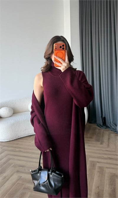 Boğazlı Elbise ve Hırkalı Triko Takım Bordo 2479