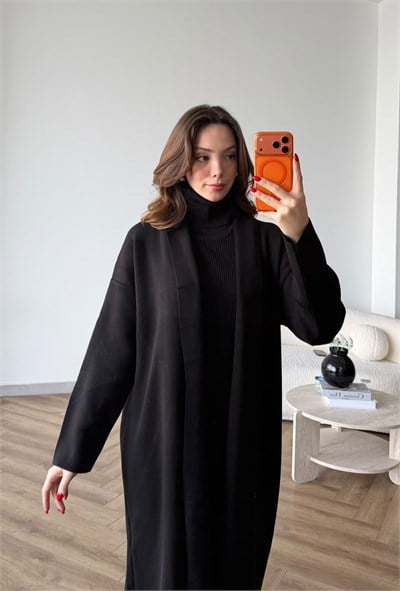 Boğazlı Elbise ve Hırkalı Triko Takım Siyah 2479